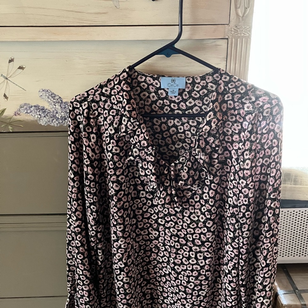 CeCe Black and Pink Floral Blouse